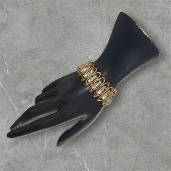 J. Crew Gold Tone Marquis Rhinestone Bracelet Oval Stretch 8" Statement Jewelry - Picture 1 of 6